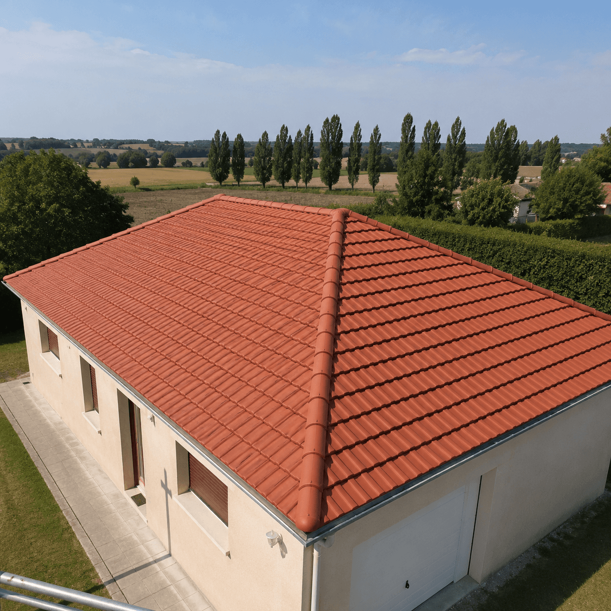 Toiture en tuiles mécaniques rouges vue en hauteur